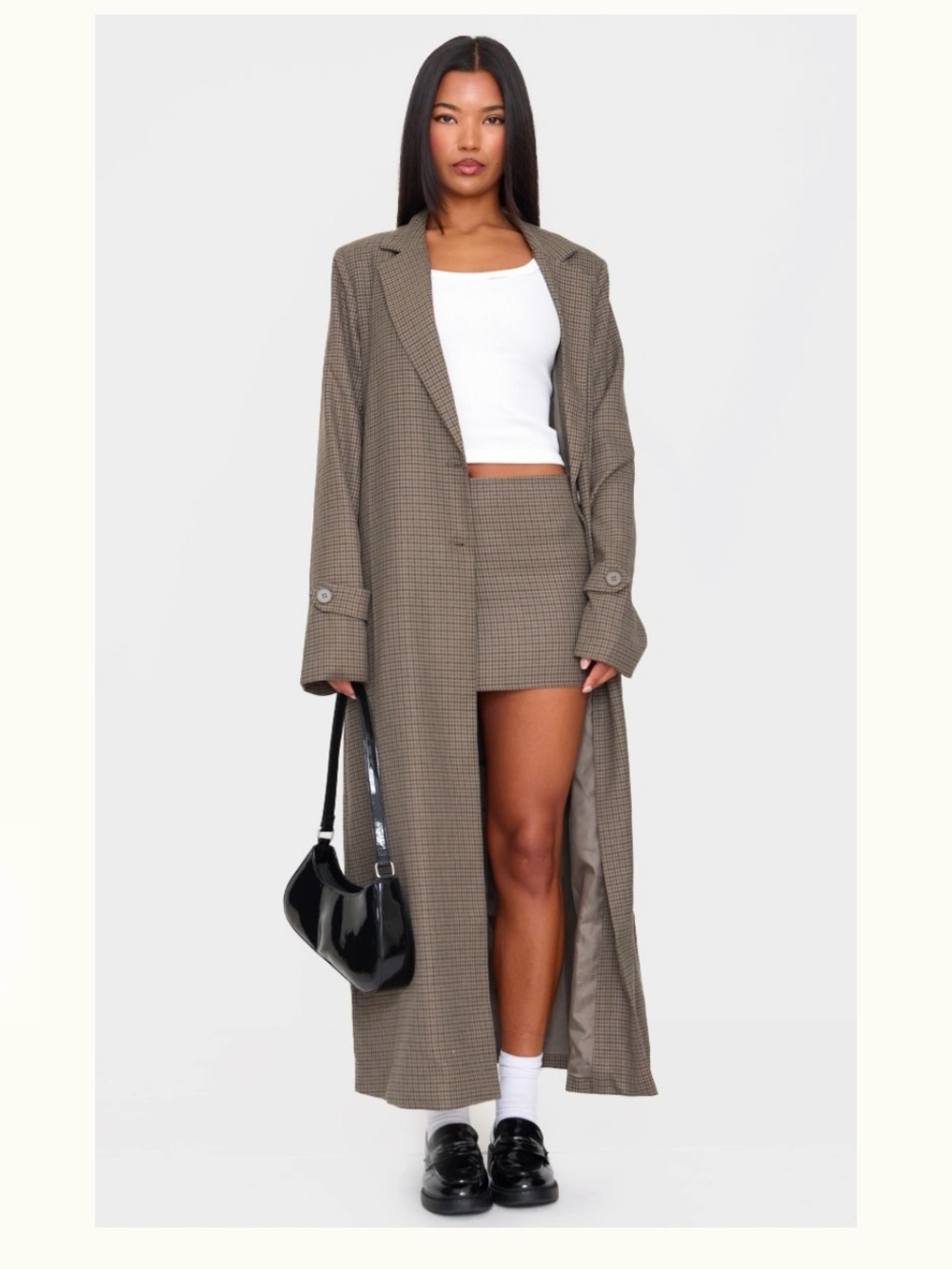 PrettyLittleThing KHAKI CHECK PRINT OVERSIZED TRENCH COAT CO-ORD size 8 (large)